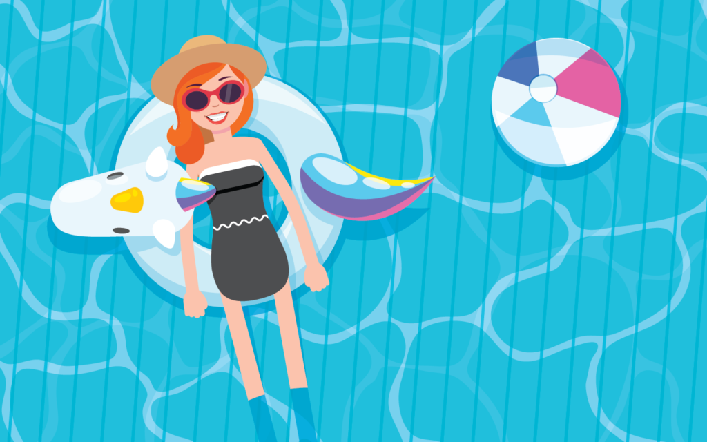 Ascentra's animated mascot Fran floating in a pool as part of a HELOC campaign by Ethic.